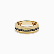 The Men's 14K Yellow Gold Black Diamond Geometric Ring features a textured, ridged band with a row of small black diamonds set around the center.