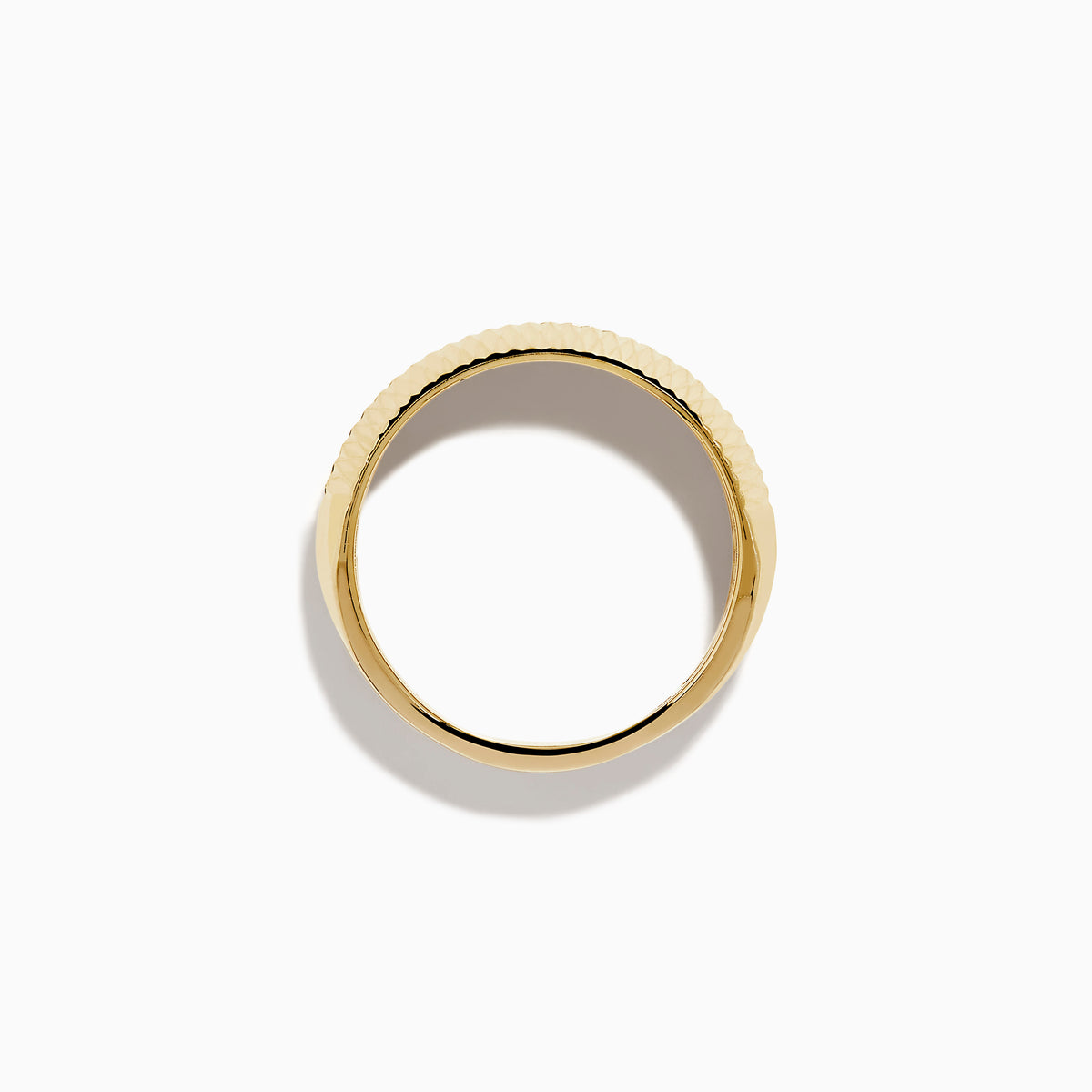 The Men's 14K Yellow Gold Black Diamond Geometric Ring features a textured, ridged band with a row of small black diamonds set around the center.