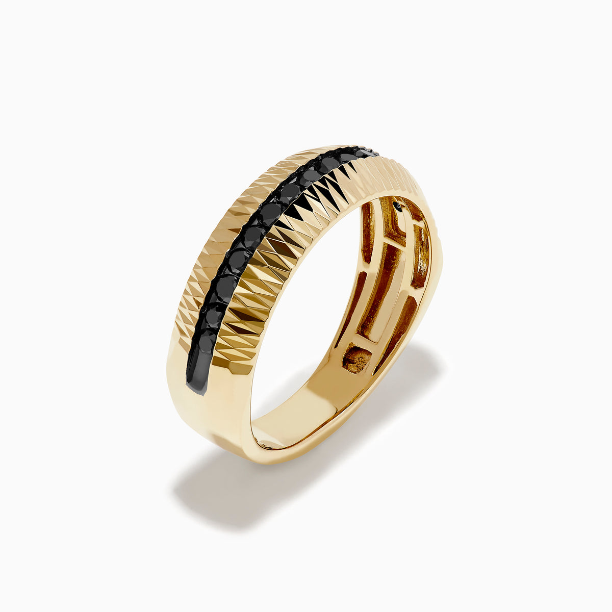 The Men's 14K Yellow Gold Black Diamond Geometric Ring features a textured, ridged band with a row of small black diamonds set around the center.