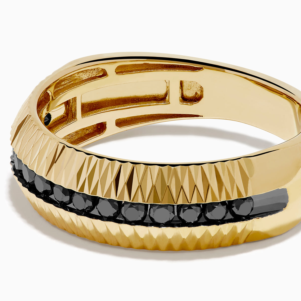 The Men's 14K Yellow Gold Black Diamond Geometric Ring features a textured, ridged band with a row of small black diamonds set around the center.
