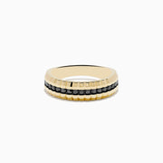 The Mens 14K Yellow Gold Black Diamond Ring features a textured, ridged yellow gold band with a central row of small black diamonds, shown against a plain white background.