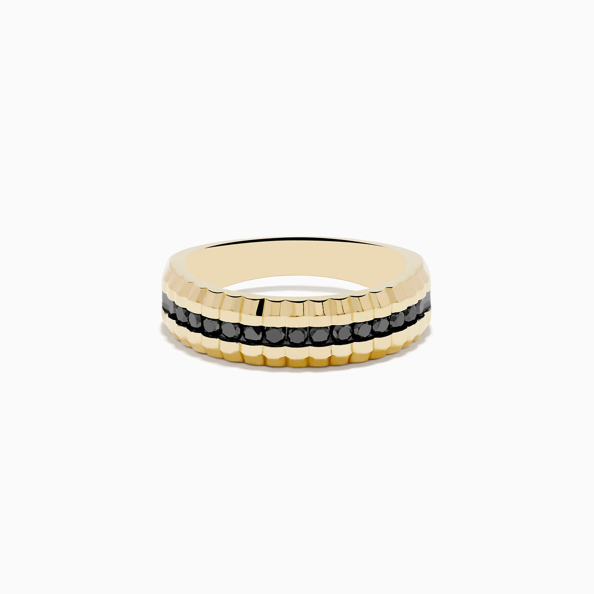 The Mens 14K Yellow Gold Black Diamond Ring features a textured, ridged yellow gold band with a central row of small black diamonds, shown against a plain white background.