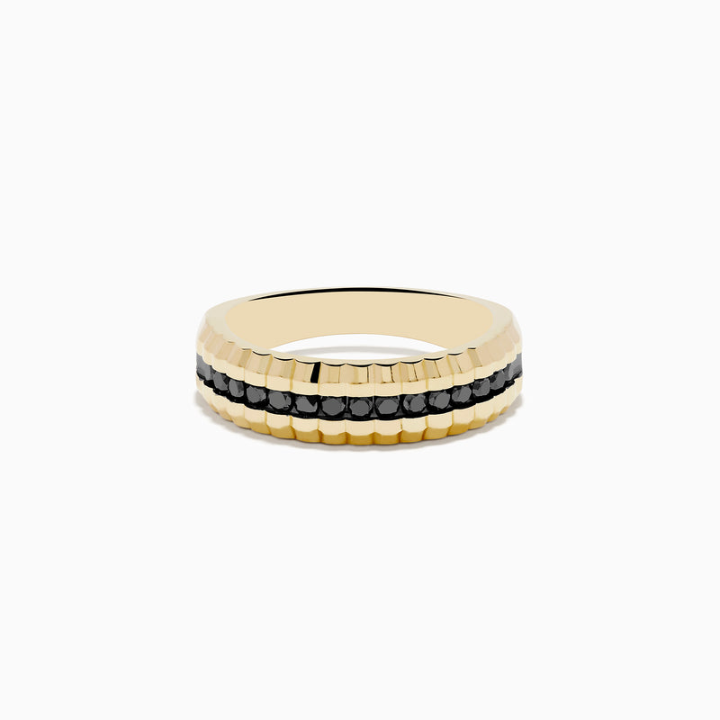 The Mens 14K Yellow Gold Black Diamond Ring features a textured, ridged yellow gold band with a central row of small black diamonds, shown against a plain white background.