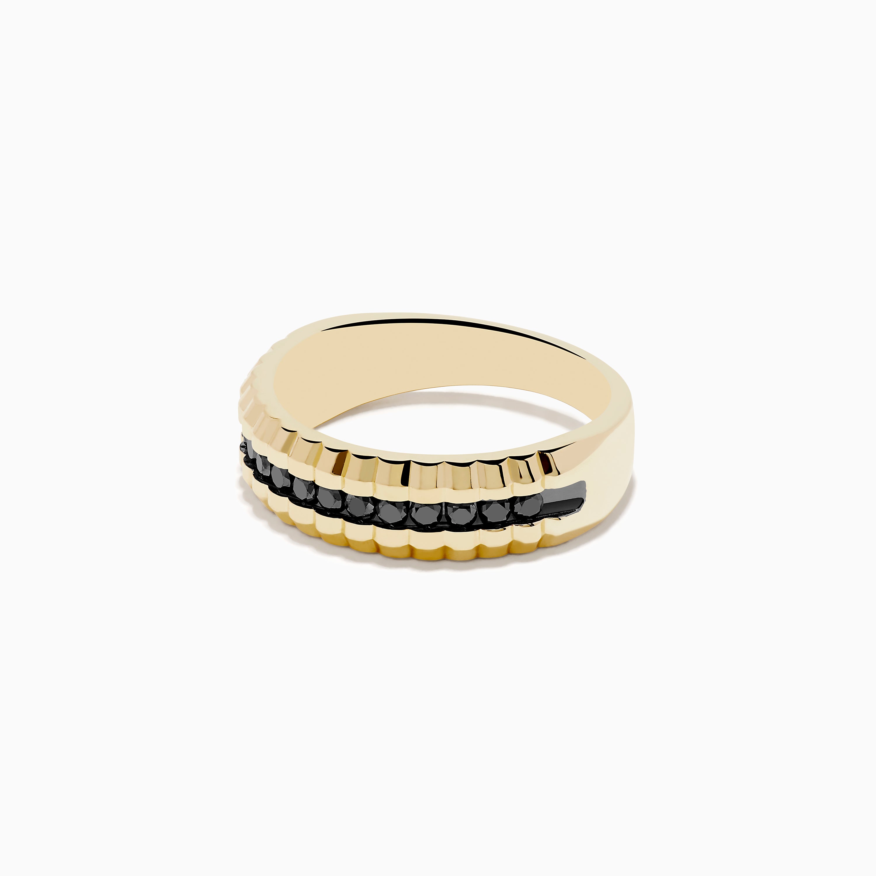 The Mens 14K Yellow Gold Black Diamond Ring features a textured, ridged yellow gold band with a central row of small black diamonds, shown against a plain white background.