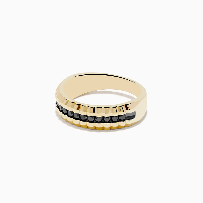 The Mens 14K Yellow Gold Black Diamond Ring features a textured, ridged yellow gold band with a central row of small black diamonds, shown against a plain white background.