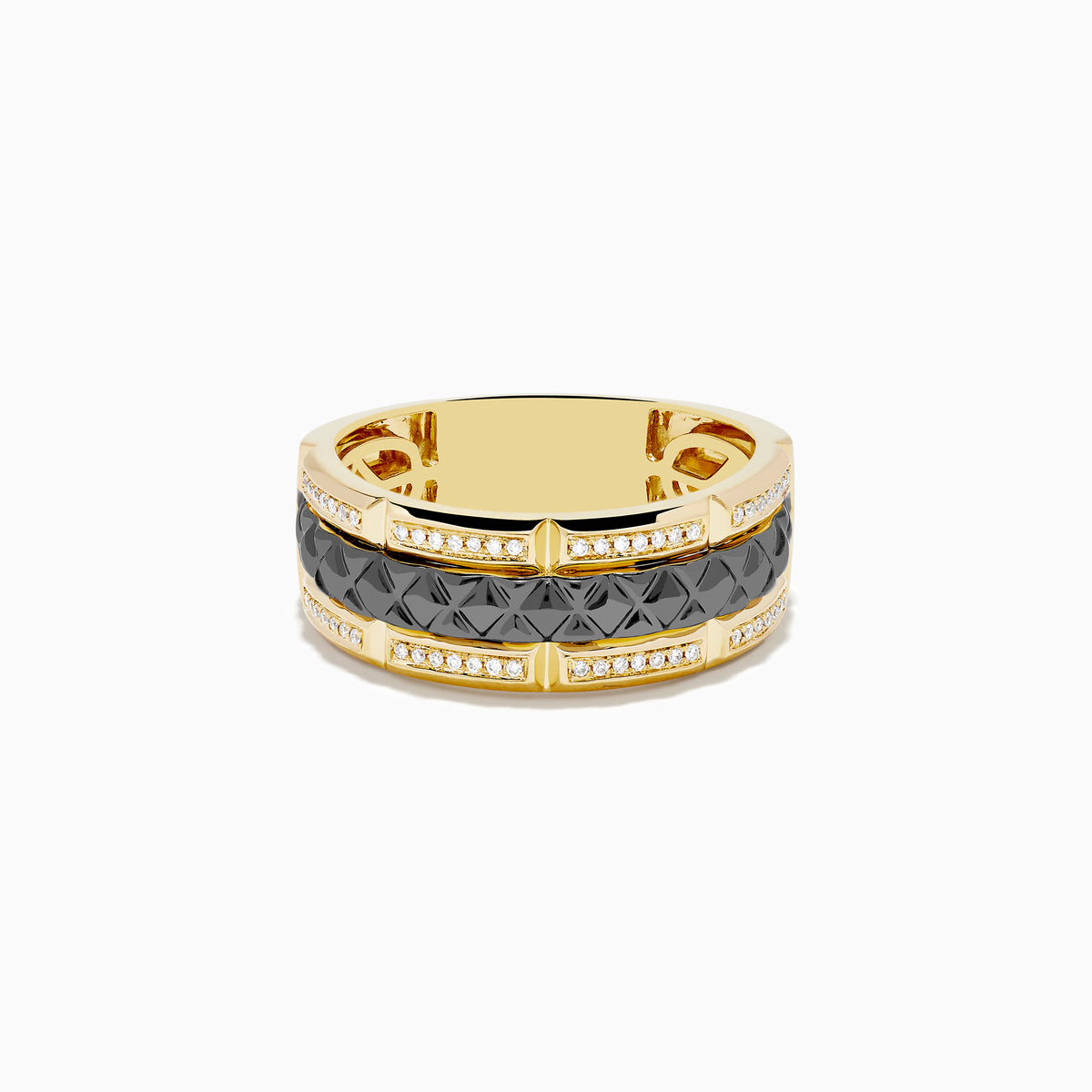 The Mens 14K Yellow Gold with Black Rhodium Diamond Band Ring features a central black rhodium band bordered by sparkling diamonds and gold accents, showcased on a white background.