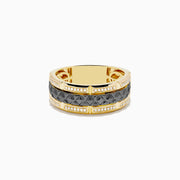 The Mens 14K Yellow Gold with Black Rhodium Diamond Band Ring features a central black rhodium band bordered by sparkling diamonds and gold accents, showcased on a white background.