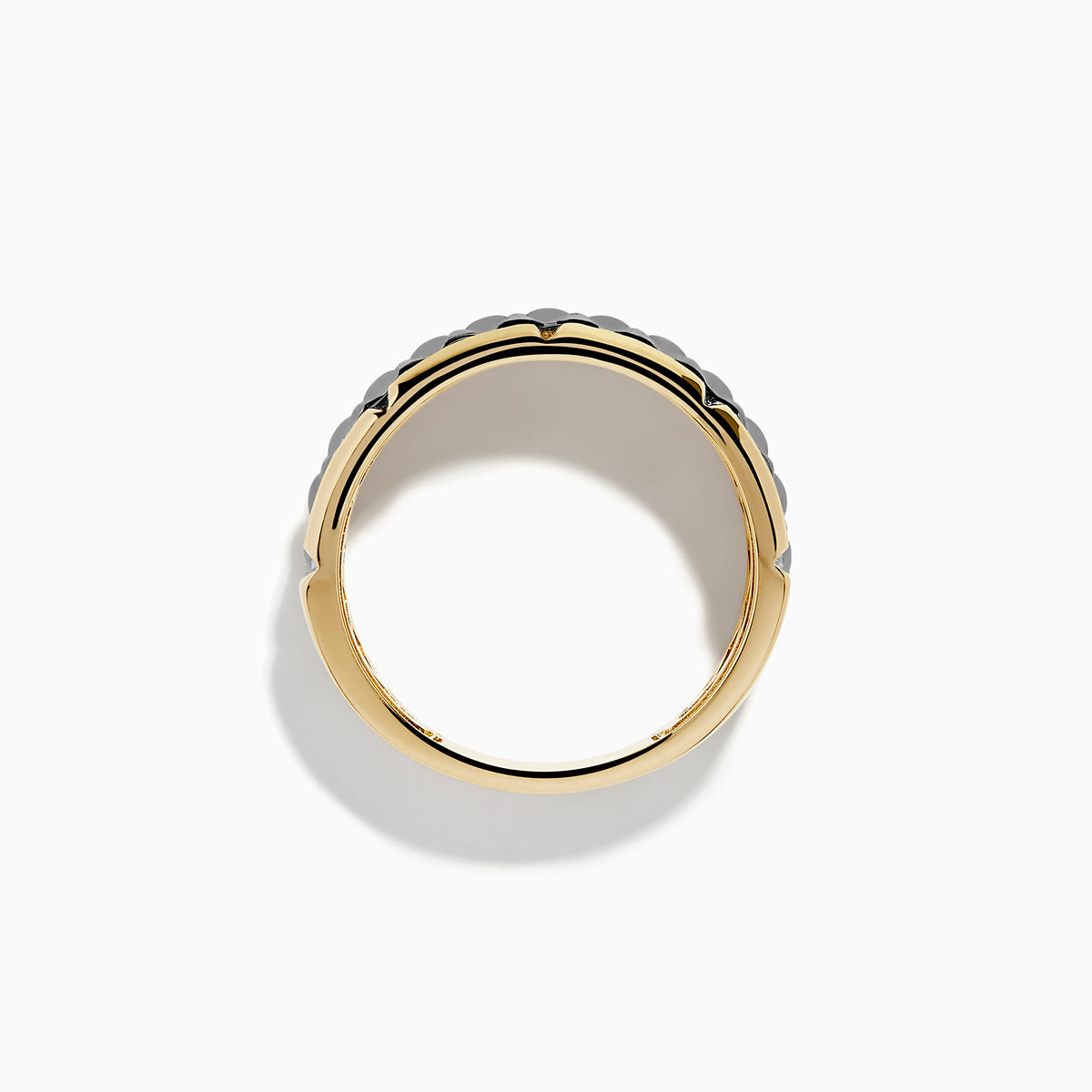 The Mens 14K Yellow Gold with Black Rhodium Diamond Band Ring features a central black rhodium band bordered by sparkling diamonds and gold accents, showcased on a white background.