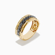 The Mens 14K Yellow Gold with Black Rhodium Diamond Band Ring features a central black rhodium band bordered by sparkling diamonds and gold accents, showcased on a white background.