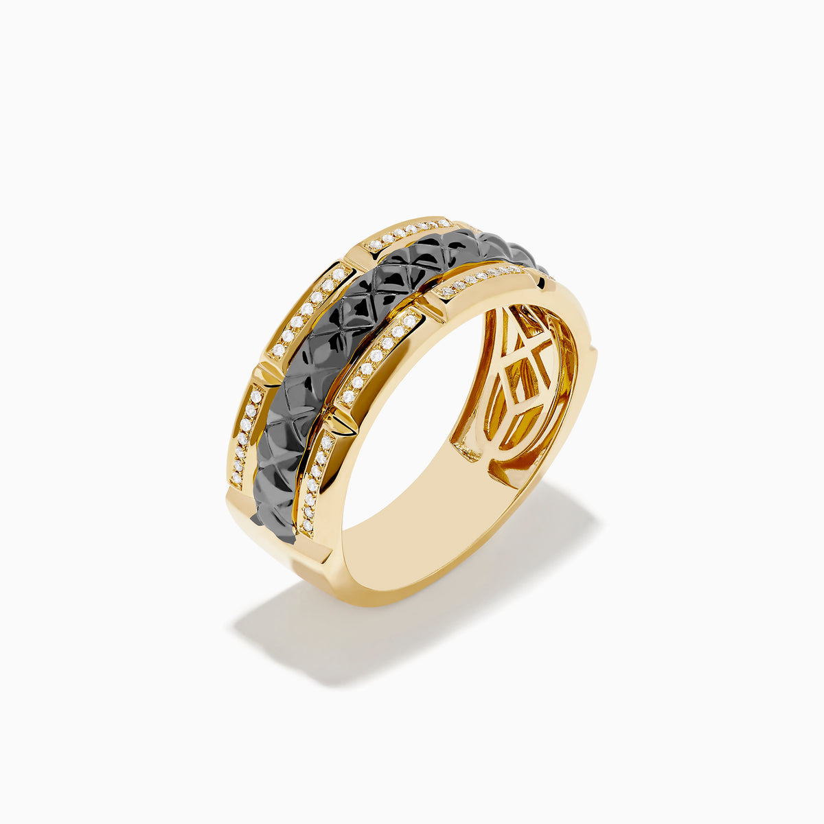 The Mens 14K Yellow Gold with Black Rhodium Diamond Band Ring features a central black rhodium band bordered by sparkling diamonds and gold accents, showcased on a white background.