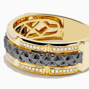 The Mens 14K Yellow Gold with Black Rhodium Diamond Band Ring features a central black rhodium band bordered by sparkling diamonds and gold accents, showcased on a white background.