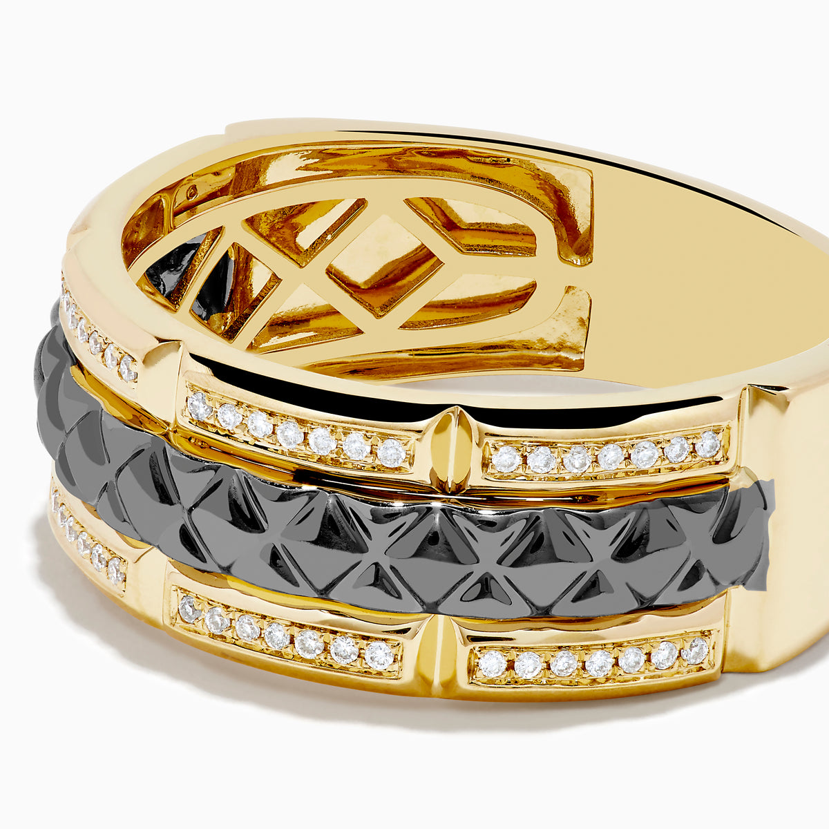 The Mens 14K Yellow Gold with Black Rhodium Diamond Band Ring features a central black rhodium band bordered by sparkling diamonds and gold accents, showcased on a white background.