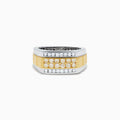 The Men's 14K Two Tone Gold Yellow and White Diamond Ring features a wide band with a central strip of yellow and white diamonds, silver diamond-set edges, and is displayed against a white background.