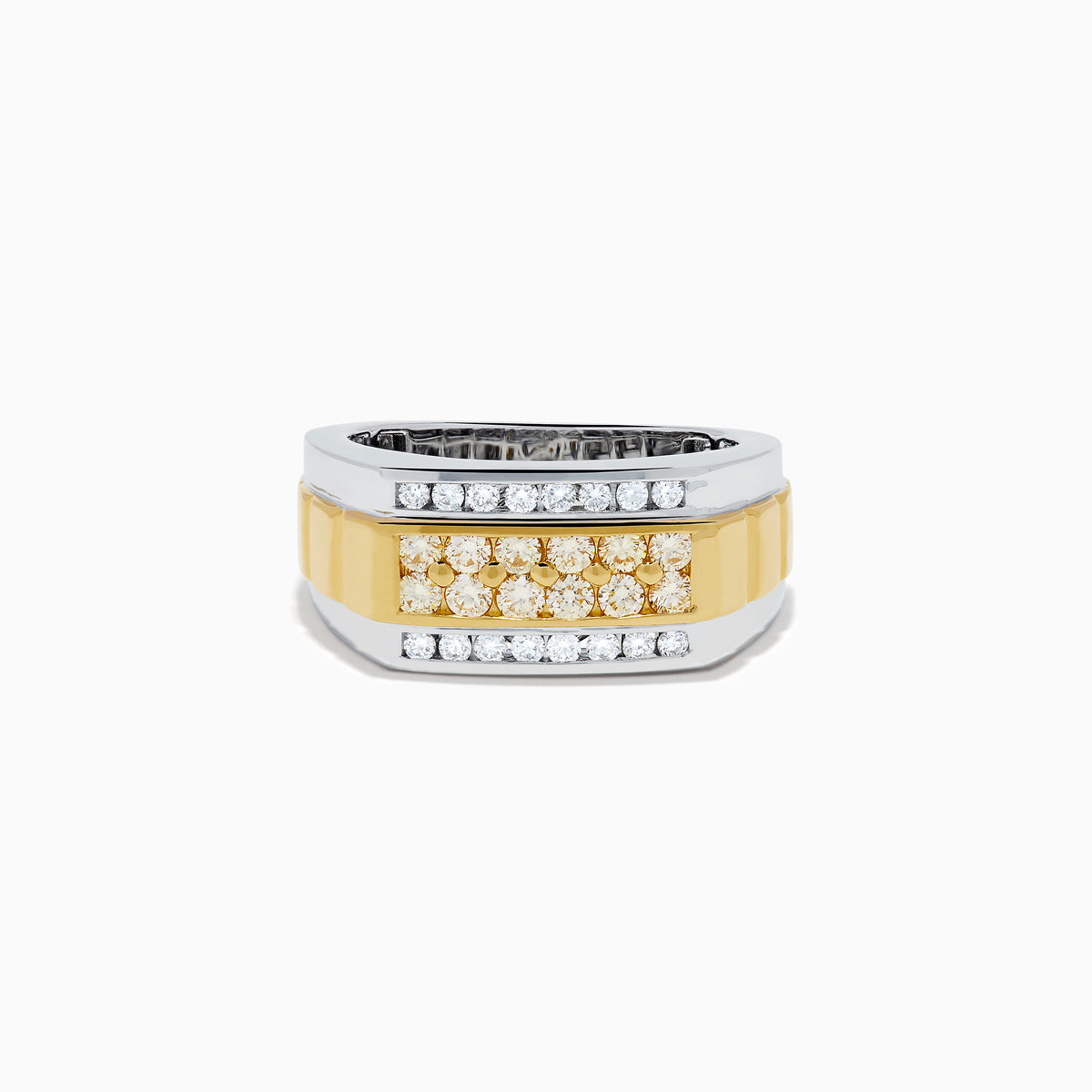 The Men's 14K Two Tone Gold Yellow and White Diamond Ring features a wide band with a central strip of yellow and white diamonds, silver diamond-set edges, and is displayed against a white background.