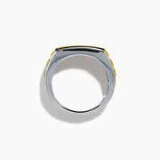 The Men's 14K Two Tone Gold Yellow and White Diamond Ring features a wide band with a central strip of yellow and white diamonds, silver diamond-set edges, and is displayed against a white background.