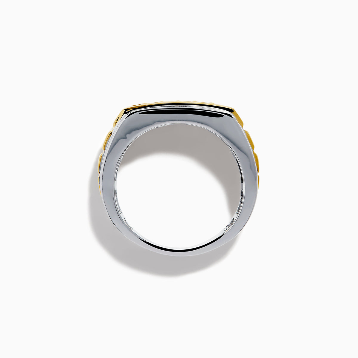 The Men's 14K Two Tone Gold Yellow and White Diamond Ring features a wide band with a central strip of yellow and white diamonds, silver diamond-set edges, and is displayed against a white background.