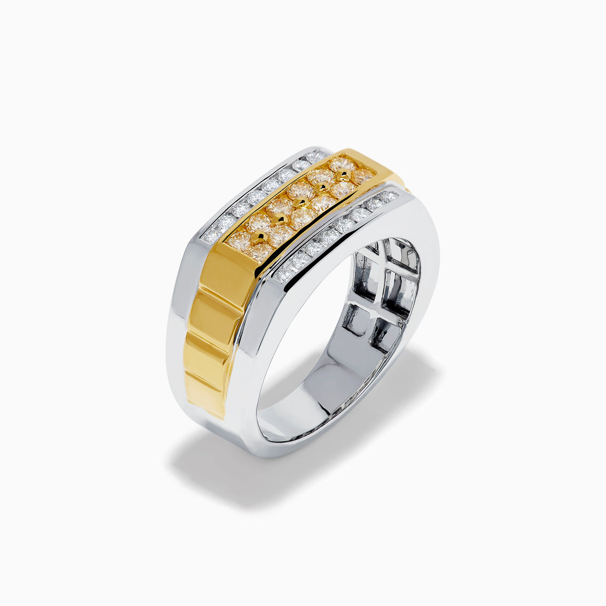 The Men's 14K Two Tone Gold Yellow and White Diamond Ring features a wide band with a central strip of yellow and white diamonds, silver diamond-set edges, and is displayed against a white background.