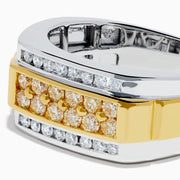 The Men's 14K Two Tone Gold Yellow and White Diamond Ring features a wide band with a central strip of yellow and white diamonds, silver diamond-set edges, and is displayed against a white background.