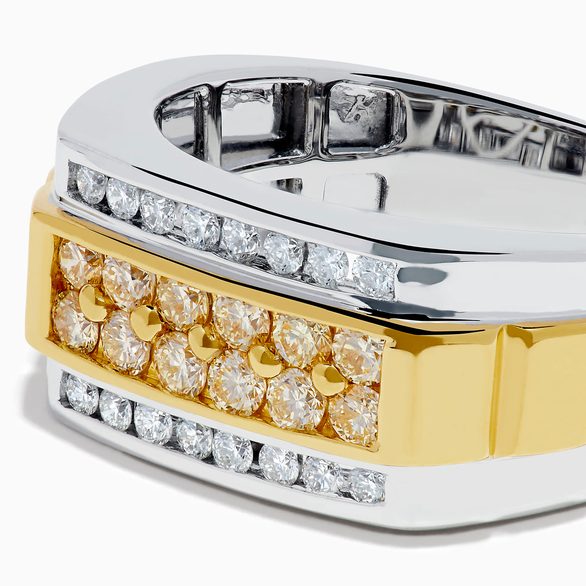The Men's 14K Two Tone Gold Yellow and White Diamond Ring features a wide band with a central strip of yellow and white diamonds, silver diamond-set edges, and is displayed against a white background.