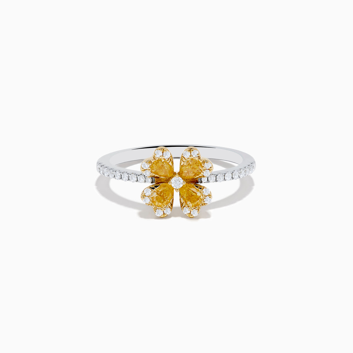 The Canare 14K White & Yellow Gold Yellow Diamond Flower Ring features a four-petal design with yellow diamonds and a central clear stone, set on a slim band accented with small white stones.