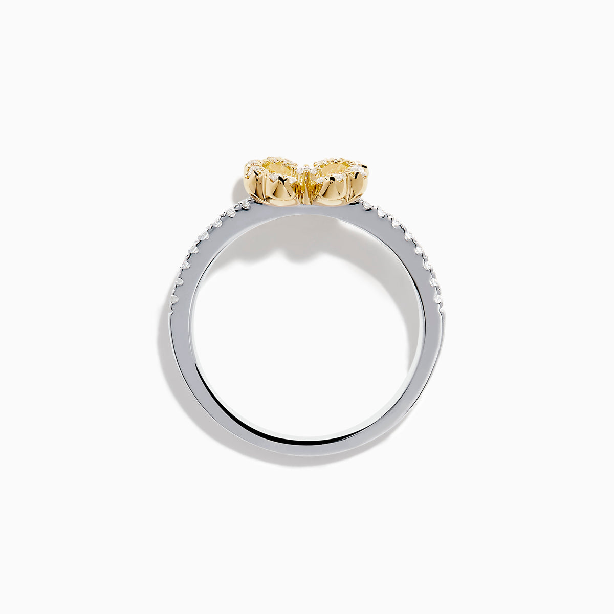 The Canare 14K White & Yellow Gold Yellow Diamond Flower Ring features a four-petal design with yellow diamonds and a central clear stone, set on a slim band accented with small white stones.