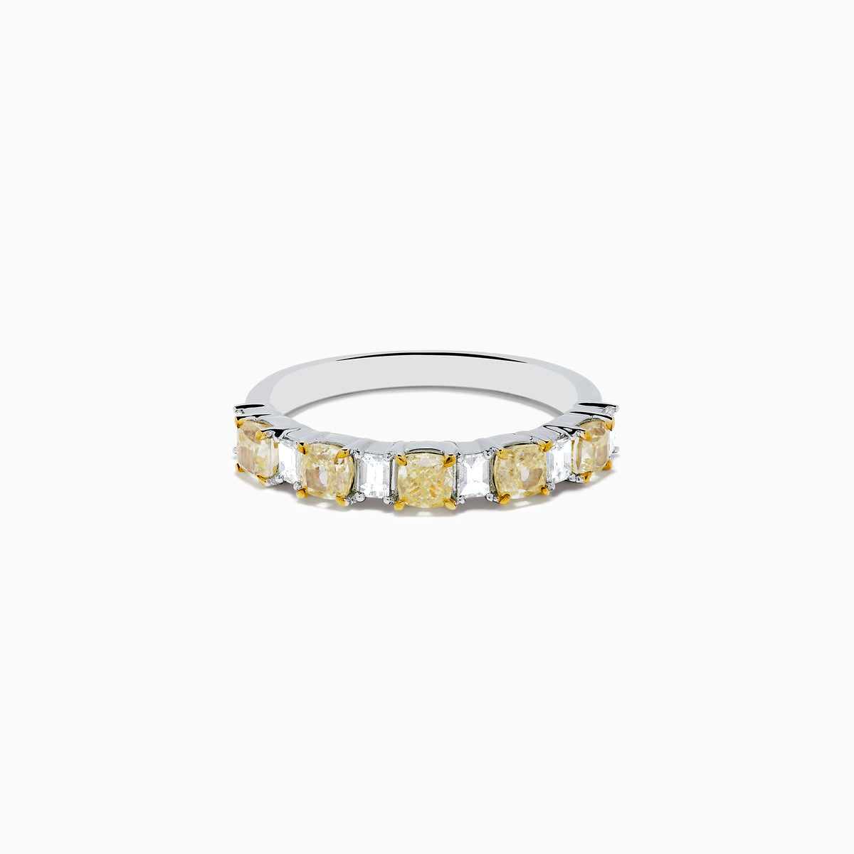 The Canare 18K Two Tone Gold White and Yellow Gold Diamond Band Ring features alternating rectangular yellow and clear diamonds set in a row along the band, shown on a white background.