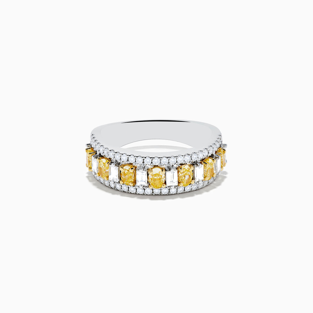 An 18K Two Tone Gold White and Yellow Diamond Wide Band Ring featuring a row of rectangular yellow diamonds bordered by two rows of small round white diamonds, shown on a white background.