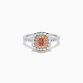 The 18K White Gold Double Cushion Halo Pink Diamond Ring showcases a square pink diamond center with white and pink diamond halos and sparkling white diamonds along the band.