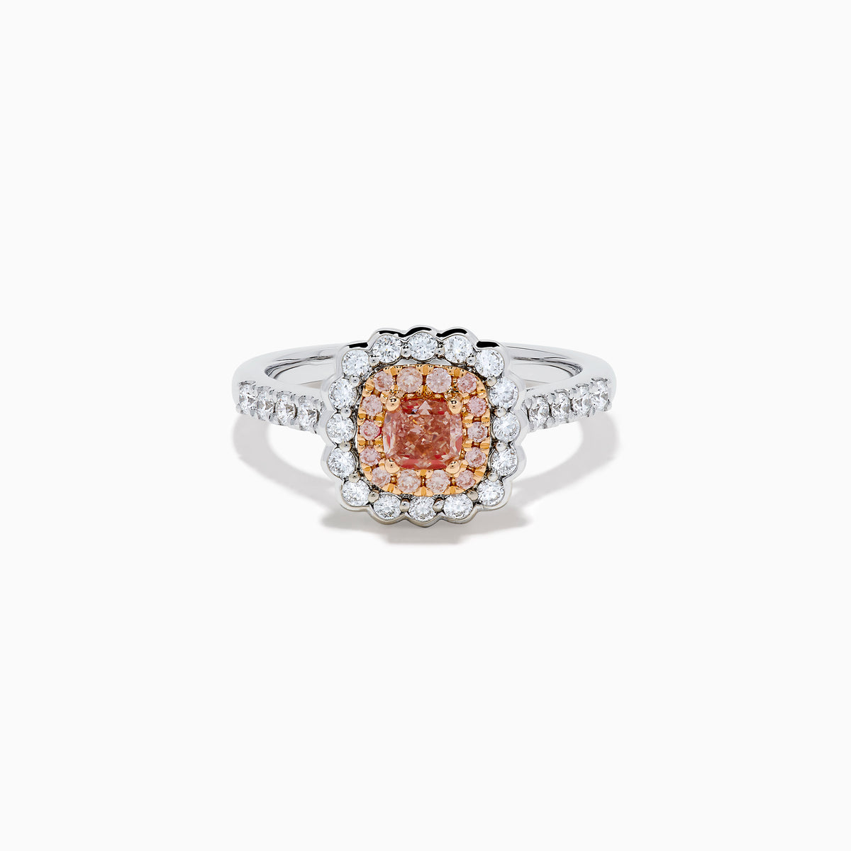 The 18K White Gold Double Cushion Halo Pink Diamond Ring showcases a square pink diamond center with white and pink diamond halos and sparkling white diamonds along the band.