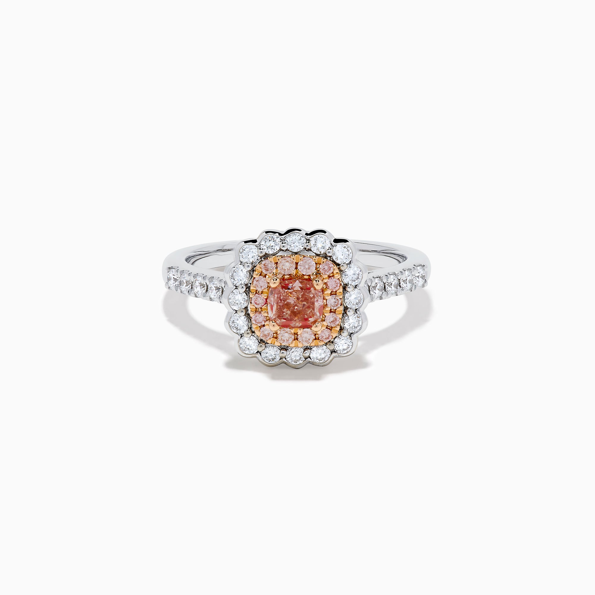 The 18K White Gold Double Cushion Halo Pink Diamond Ring showcases a square pink diamond center with white and pink diamond halos and sparkling white diamonds along the band.