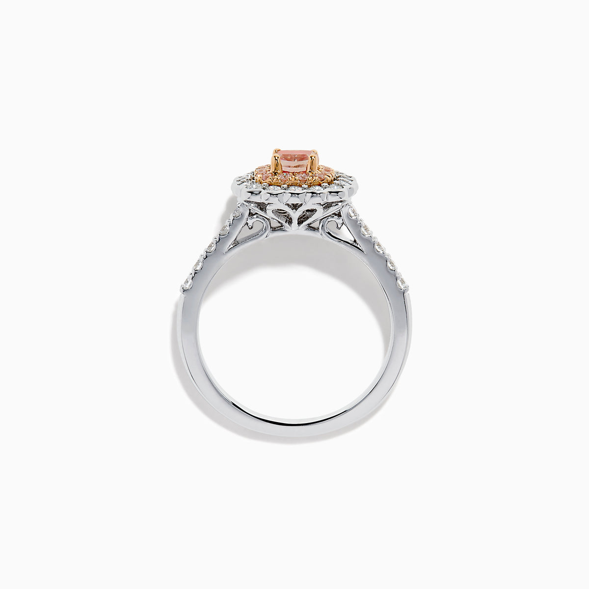 The 18K White Gold Double Cushion Halo Pink Diamond Ring showcases a square pink diamond center with white and pink diamond halos and sparkling white diamonds along the band.