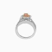 The 18K White Gold Double Cushion Halo Pink Diamond Ring showcases a square pink diamond center with white and pink diamond halos and sparkling white diamonds along the band.