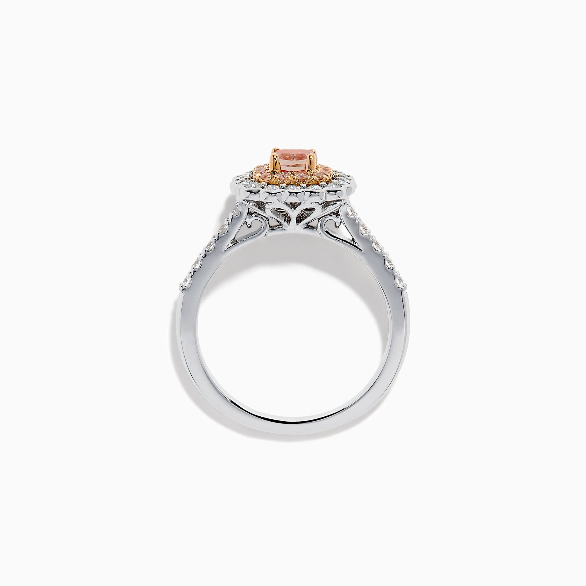 The 18K White Gold Double Cushion Halo Pink Diamond Ring showcases a square pink diamond center with white and pink diamond halos and sparkling white diamonds along the band.