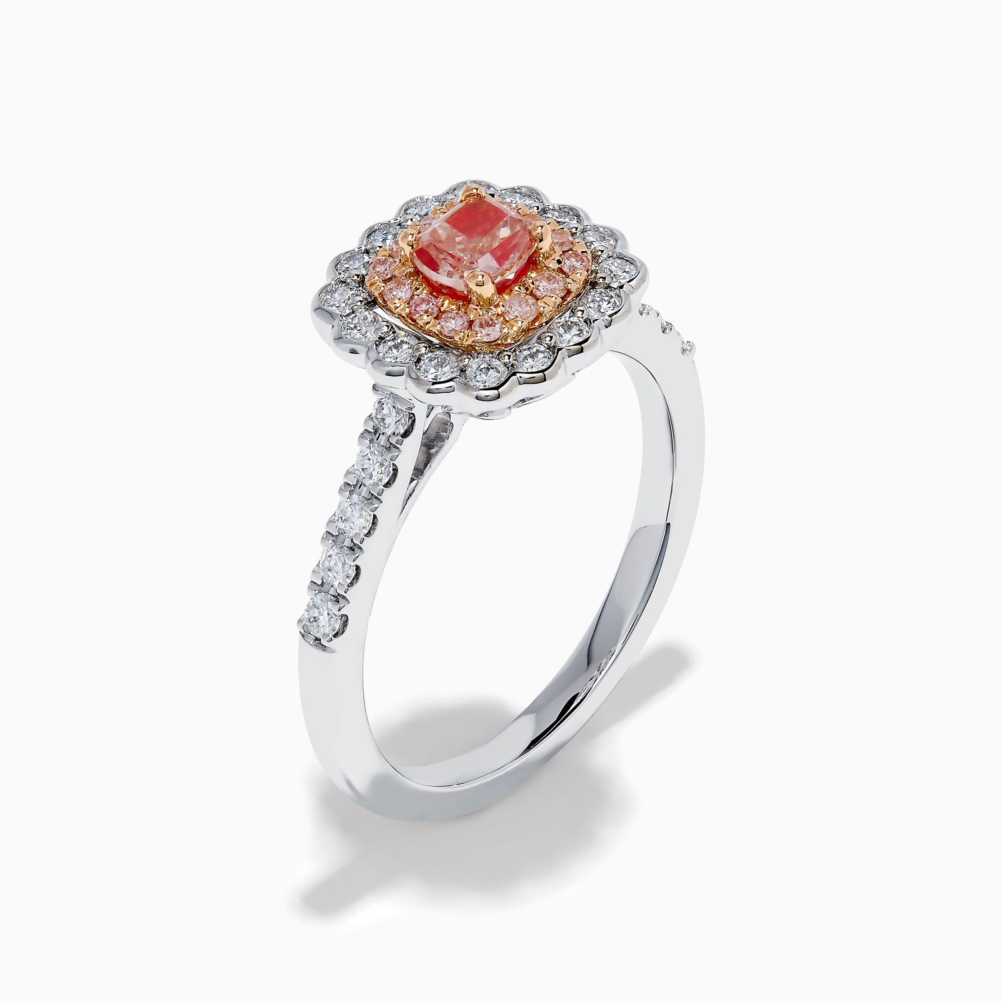 The 18K White Gold Double Cushion Halo Pink Diamond Ring showcases a square pink diamond center with white and pink diamond halos and sparkling white diamonds along the band.
