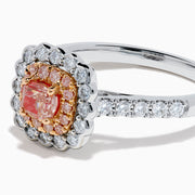 The 18K White Gold Double Cushion Halo Pink Diamond Ring showcases a square pink diamond center with white and pink diamond halos and sparkling white diamonds along the band.