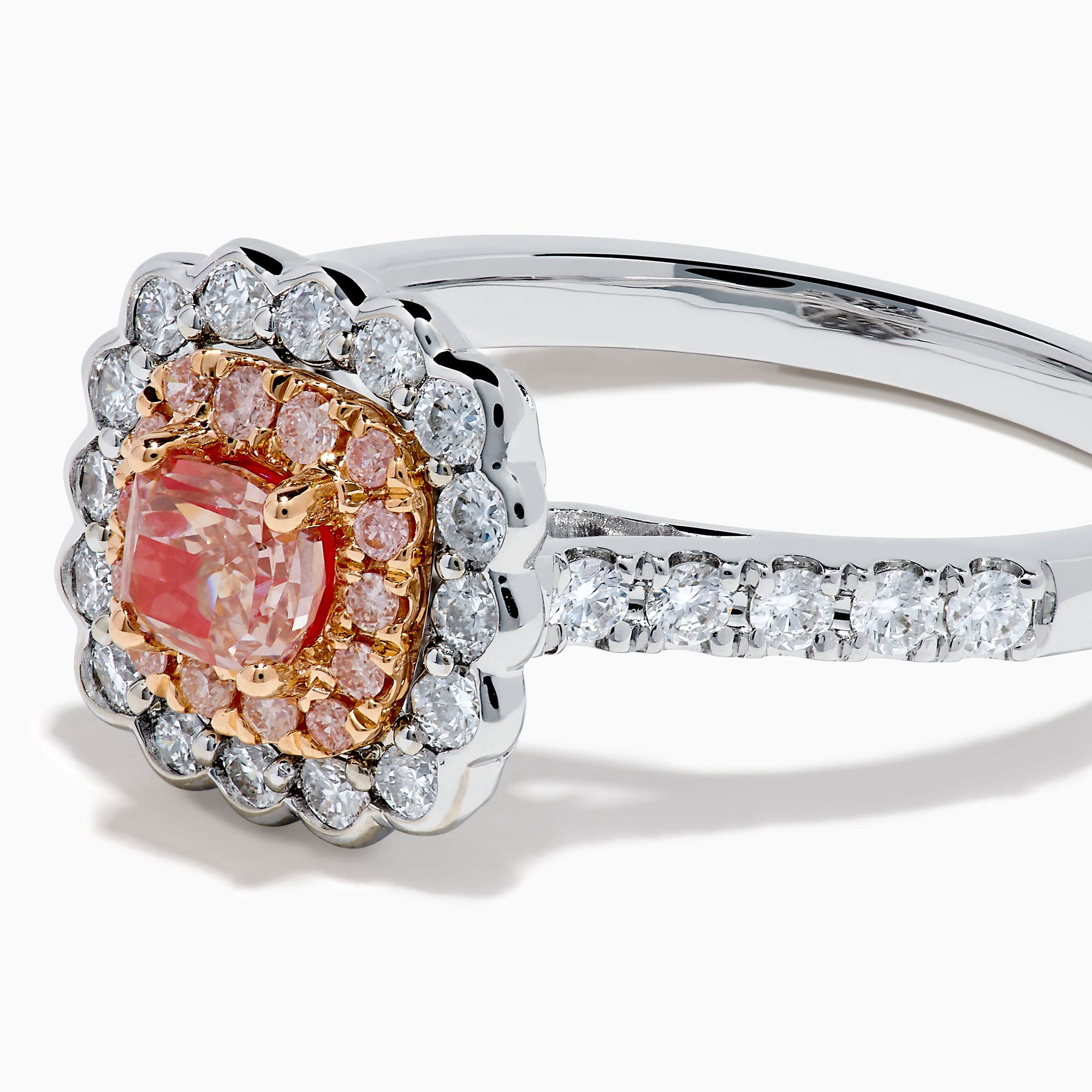 The 18K White Gold Double Cushion Halo Pink Diamond Ring showcases a square pink diamond center with white and pink diamond halos and sparkling white diamonds along the band.