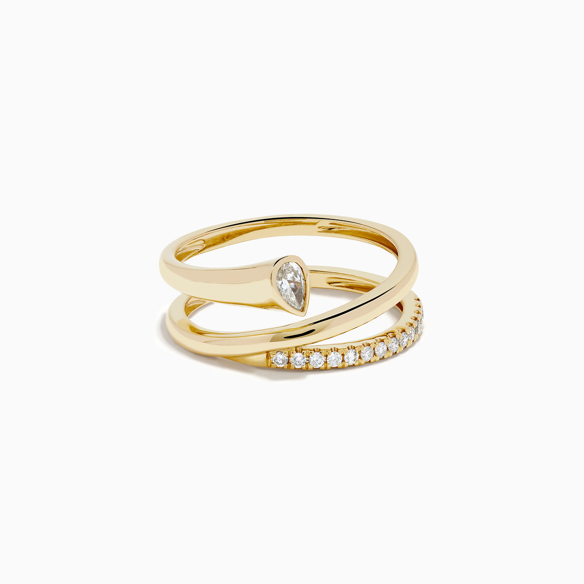 The 14K Yellow Gold Diamond Wrap Ring features two intertwined bands—one with a pear-shaped clear gemstone, the other accented by sparkling round diamonds along the top half—for an elegant, dazzling look.