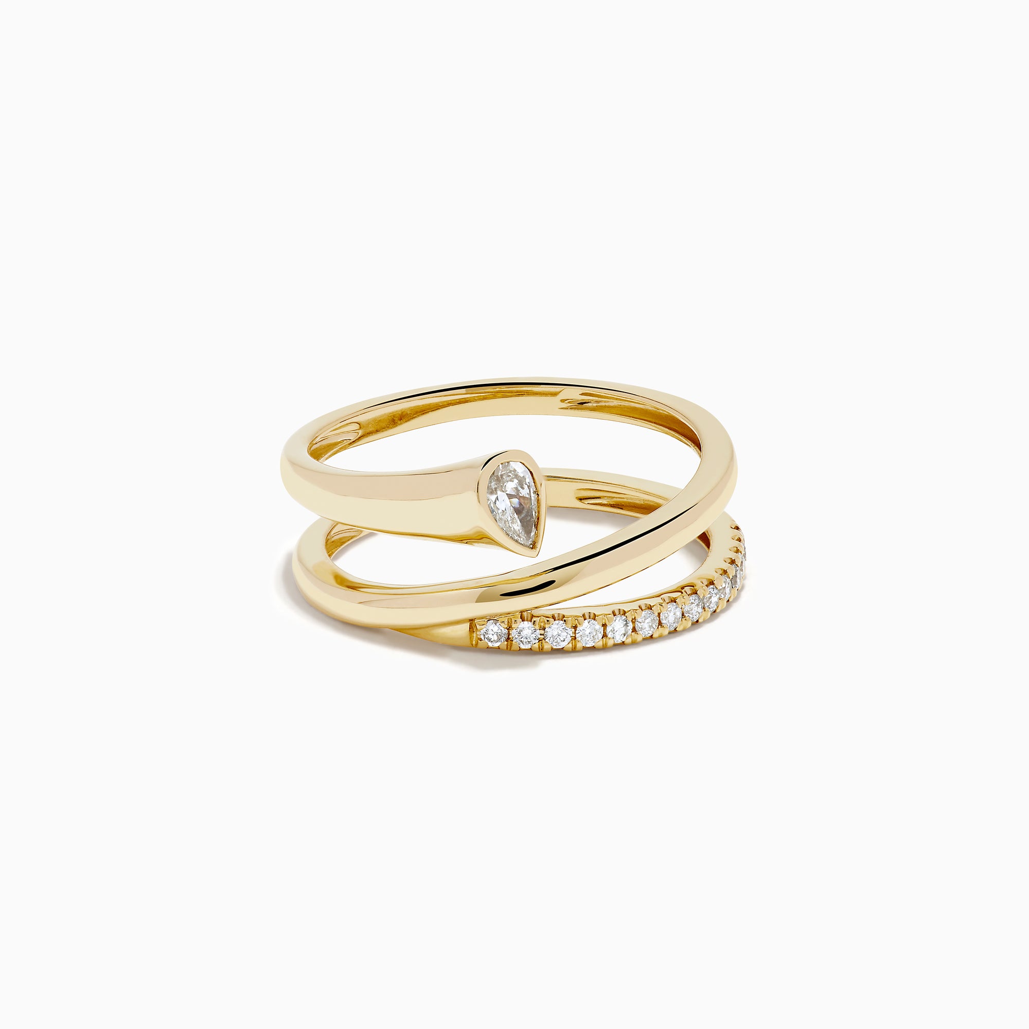 The 14K Yellow Gold Diamond Wrap Ring features two intertwined bands—one with a pear-shaped clear gemstone, the other accented by sparkling round diamonds along the top half—for an elegant, dazzling look.