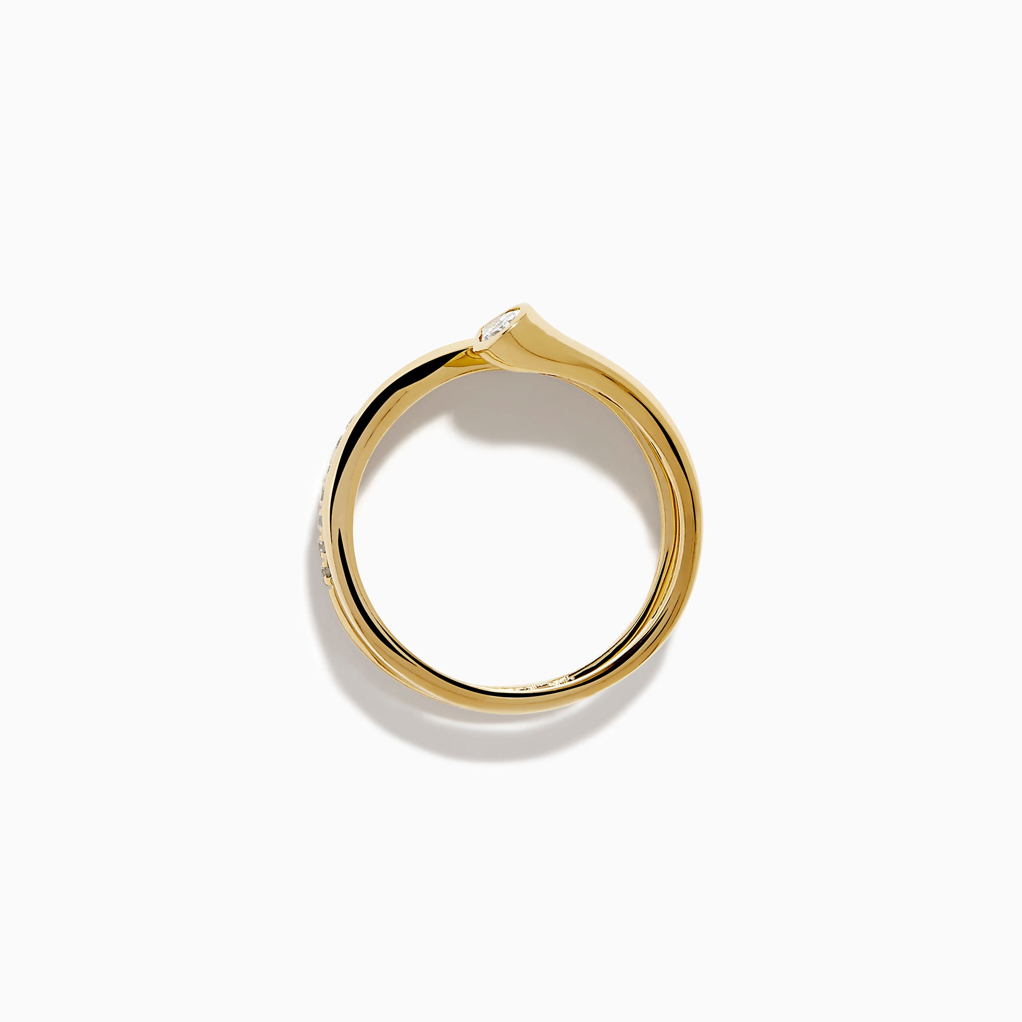 The 14K Yellow Gold Diamond Wrap Ring features two intertwined bands—one with a pear-shaped clear gemstone, the other accented by sparkling round diamonds along the top half—for an elegant, dazzling look.