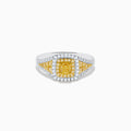 The Canare 18K Two Tone Gold White & Yellow Diamond Ring features a square cluster of yellow diamonds at the center, bordered by small white stones with extra yellow diamonds set on each side of the band.