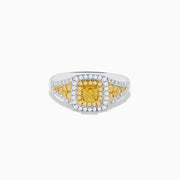 The Canare 18K Two Tone Gold White & Yellow Diamond Ring features a square cluster of yellow diamonds at the center, bordered by small white stones with extra yellow diamonds set on each side of the band.