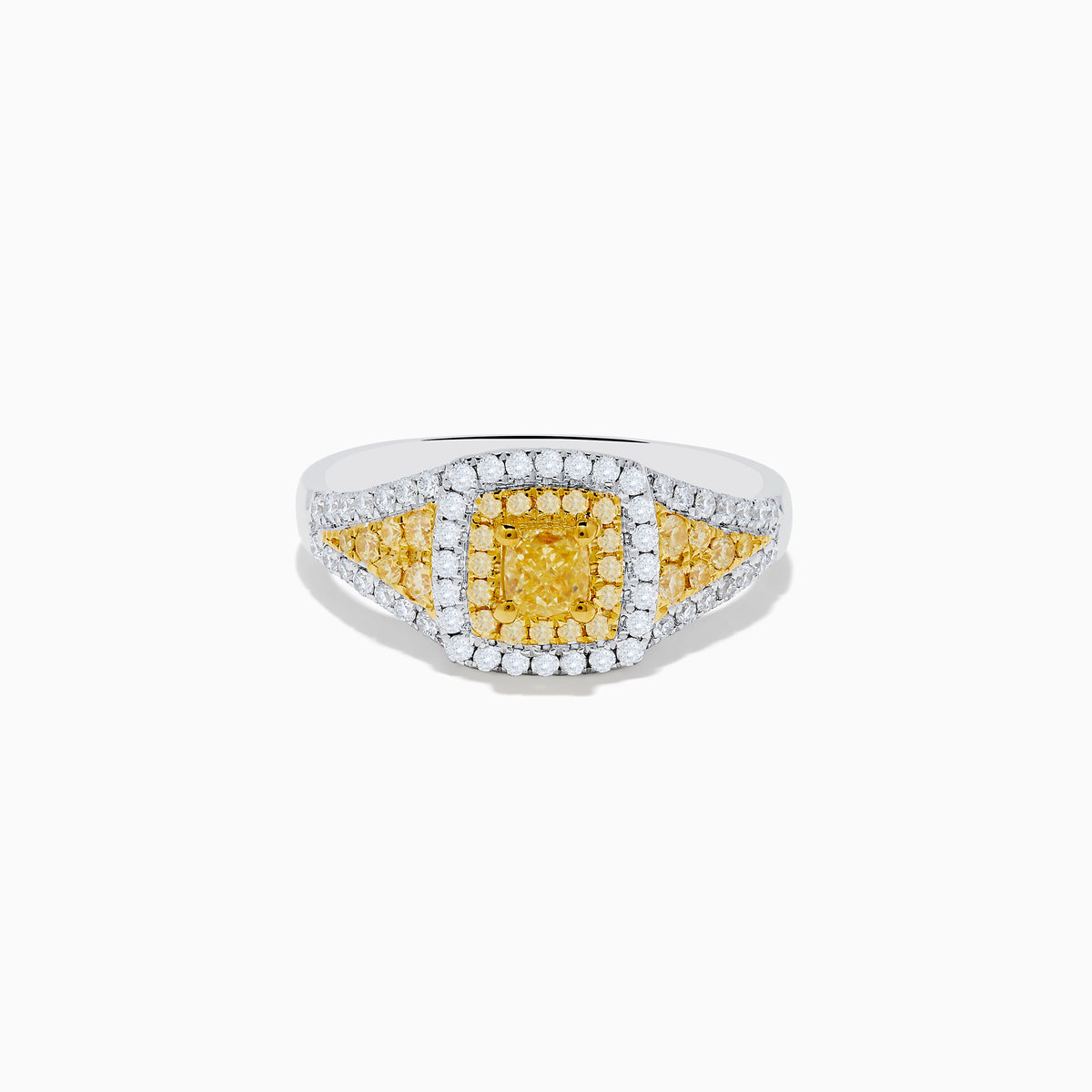 The Canare 18K Two Tone Gold White & Yellow Diamond Ring features a square cluster of yellow diamonds at the center, bordered by small white stones with extra yellow diamonds set on each side of the band.