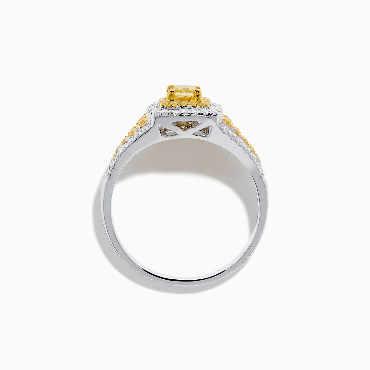 The Canare 18K Two Tone Gold White & Yellow Diamond Ring features a square cluster of yellow diamonds at the center, bordered by small white stones with extra yellow diamonds set on each side of the band.