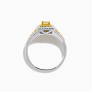 The Canare 18K Two Tone Gold White & Yellow Diamond Ring features a square cluster of yellow diamonds at the center, bordered by small white stones with extra yellow diamonds set on each side of the band.