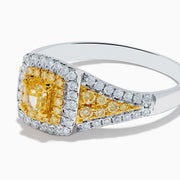 The Canare 18K Two Tone Gold White & Yellow Diamond Ring features a square cluster of yellow diamonds at the center, bordered by small white stones with extra yellow diamonds set on each side of the band.