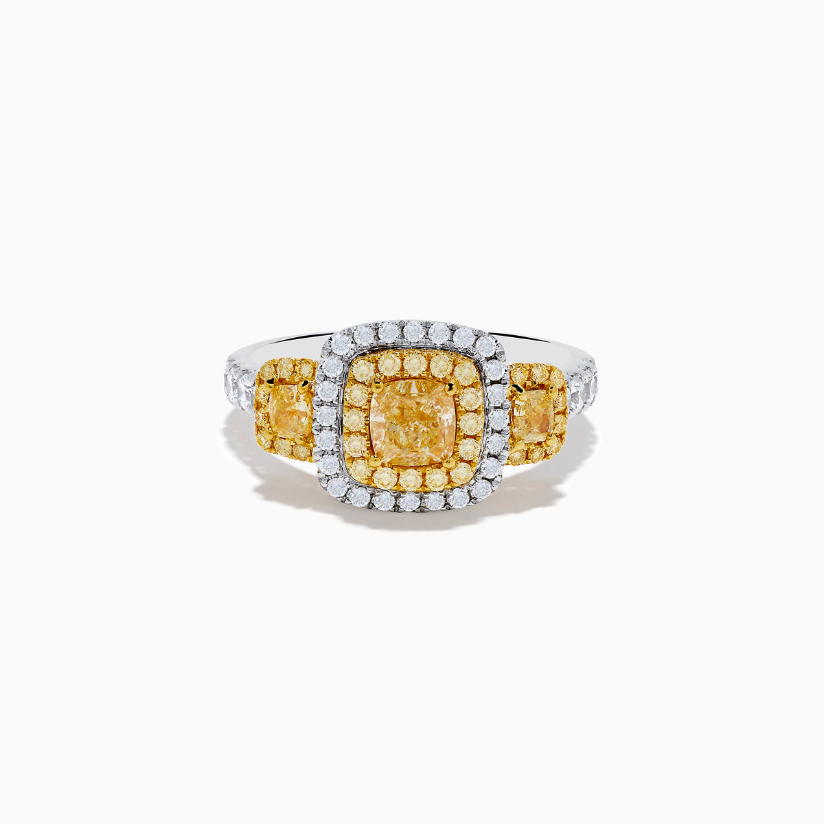 The Canare 18K Two Tone Gold White and Yellow Diamond Ring features a large rectangular yellow diamond center, encircled by rows of yellow and white diamonds, with side yellow diamonds bordered by sparkling white stones.
