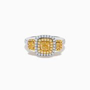 The Canare 18K Two Tone Gold White and Yellow Diamond Ring features a large rectangular yellow diamond center, encircled by rows of yellow and white diamonds, with side yellow diamonds bordered by sparkling white stones.