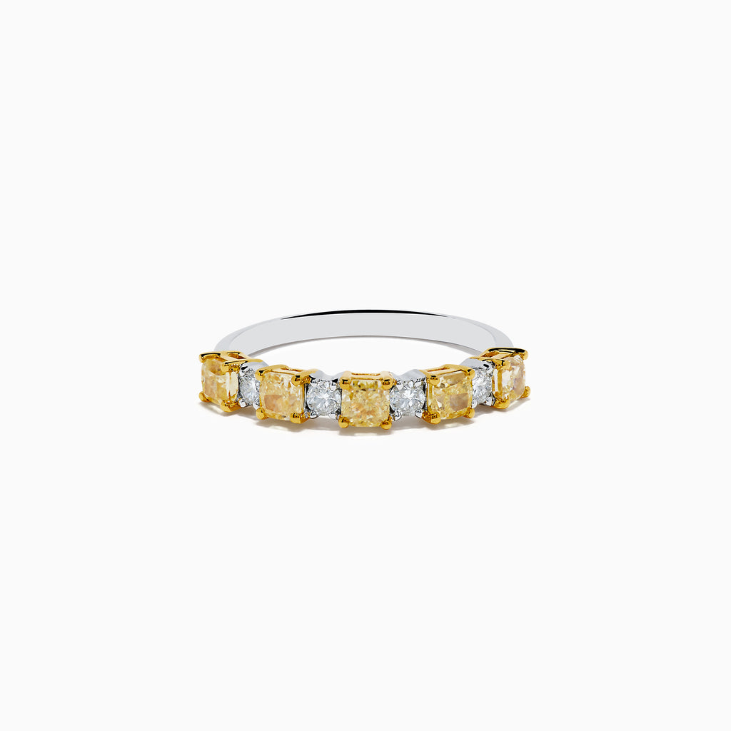 The Canare 18K Two Tone White & Yellow Diamond Band Ring features alternating rectangular yellow and round white diamonds set in an 18K gold band, shown against a plain white background.