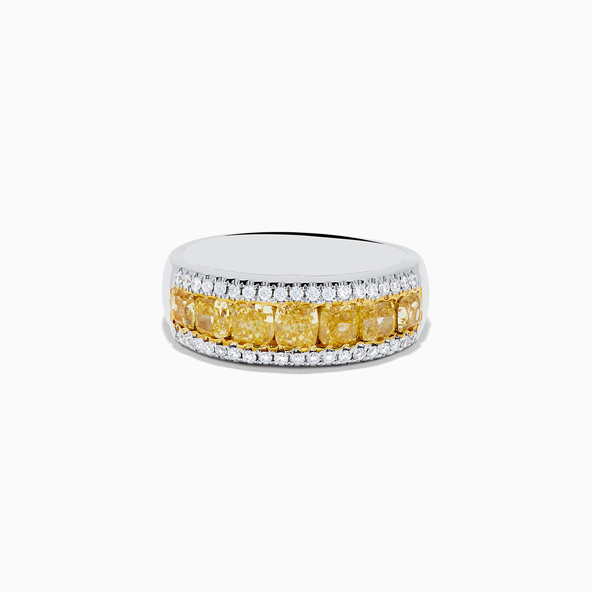 The Canare 18K Two Tone Gold White and Yellow Diamond Band Ring features a central row of yellow diamonds bordered by two rows of white diamonds, beautifully displayed on a white background.