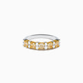 The Canare 18K Two Tone Gold White and Yellow Diamond Band Ring features rectangular yellow and round white diamonds set in prongs along a sleek two-tone gold band.